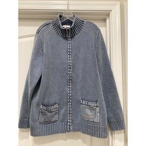 Quacker Factory Large Denim Style Jean Pockets Sweater Zip Up Jacket SZ XL